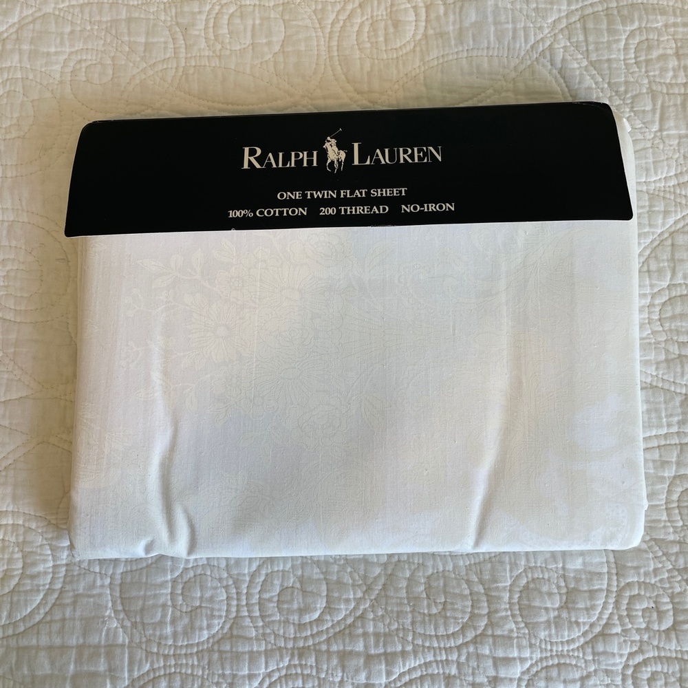 Vintage Ralph Lauren White Damask Floral Twin Flat Sheet 100% Cotton NOS 1987
